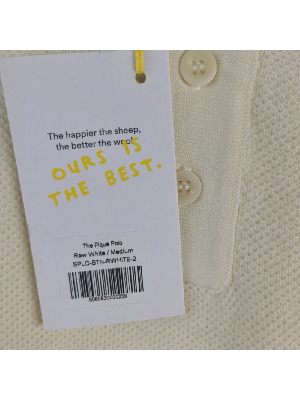 NEW Sheep Inc. Mens Pique Polo Shirt Raw White 100% Ultra-Fine Merino Wool Sz M - Picture 3 of 8